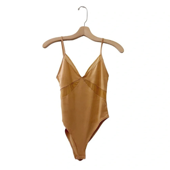 Zara Mesh Paneled Bodysuit Tan Orange One Piece - Picture 1 of 7